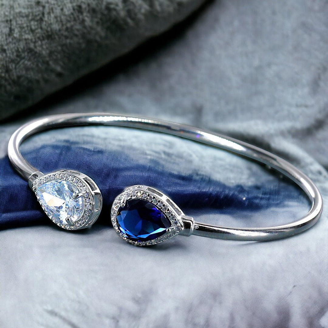 925 Sterling Silver Pear Drop Shape Blue Cz Bangle For Women - Taraash