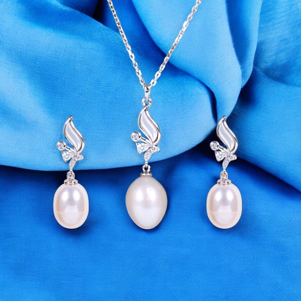 925 Sterling Silver Pearl Drop With MOP CZ Jewelry Set for Women - Taraash