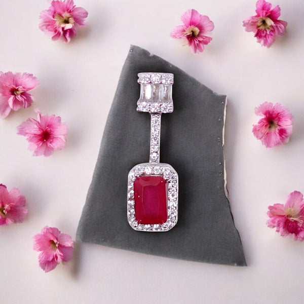 925 Sterling Silver Pink Baguette Stone & CZ Dangle Pendant for Women - Taraash