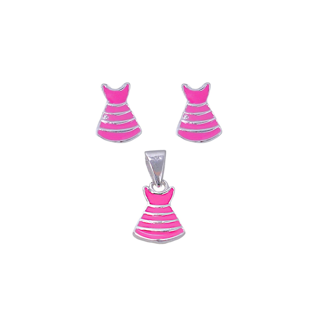 925 Sterling Silver Pink Dress Pendant and Earring Set for Girls - Taraash