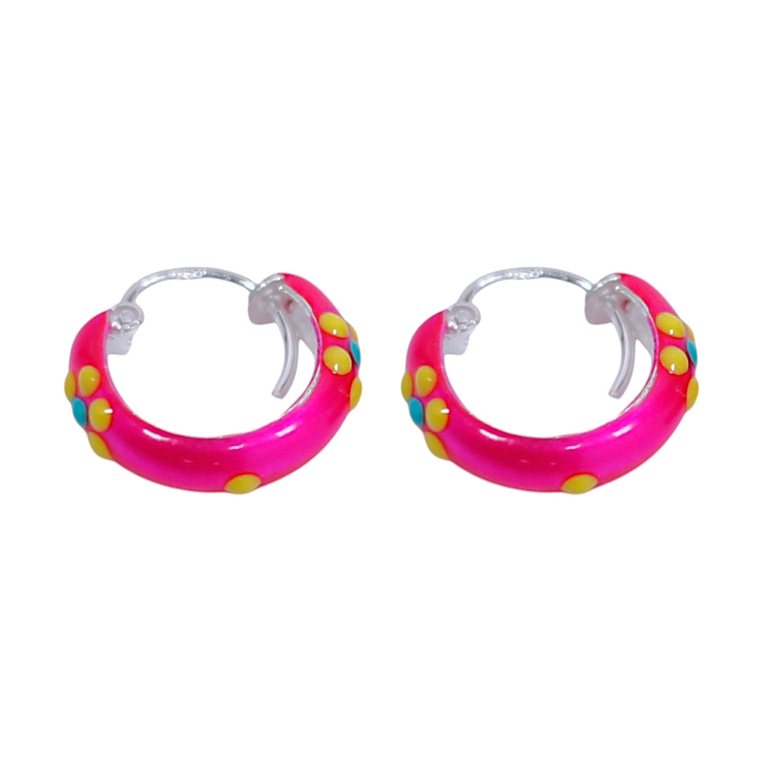 925 Sterling Silver Pink Enamel Yellow Design Hoop Earring For Women/ Girls - Taraash