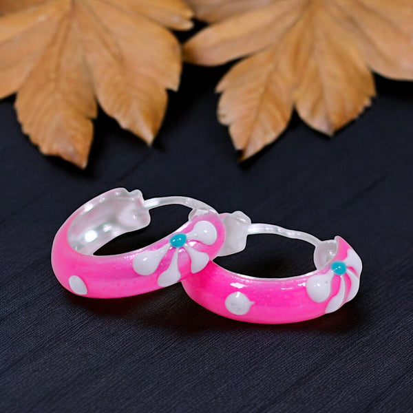 925 Sterling Silver Pink & White Enamel Flower Design Hoop Earring For Wome/ Girls - Taraash