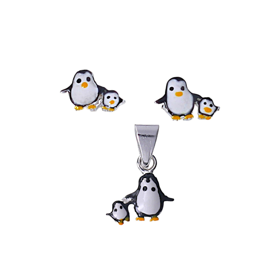 925 Sterling Silver Playful Penguin Silver Stud Earrings and Pendant Set for Girls - Taraash