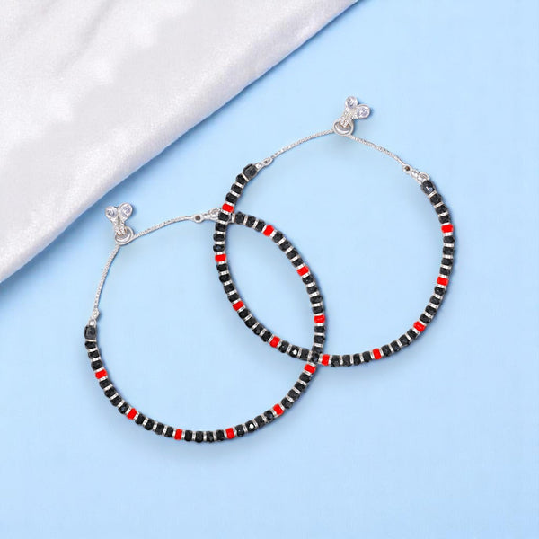 925 Sterling Silver Red Black Beaded Adjustable Anklet for Girls - Taraash