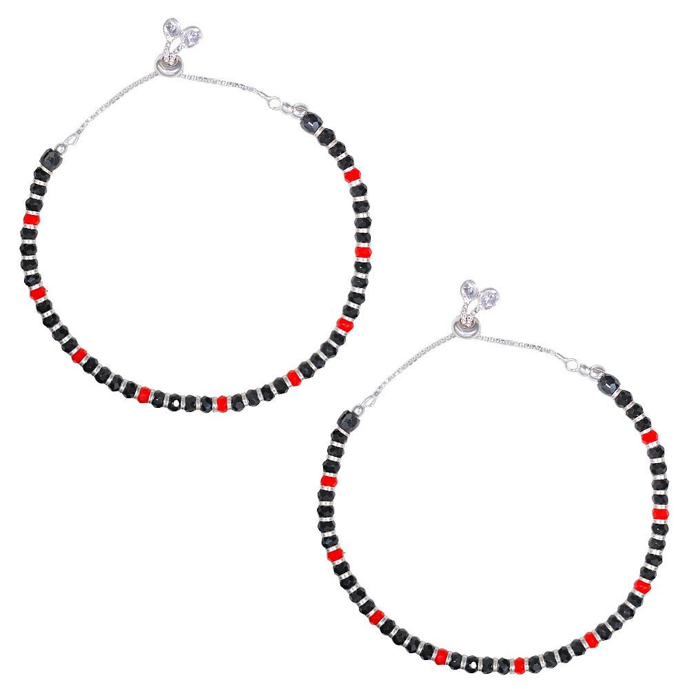 925 Sterling Silver Red Black Beaded Adjustable Anklet for Girls - Taraash
