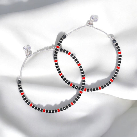 925 Sterling Silver Red Black Beaded Adjustable Anklet for Girls - Taraash