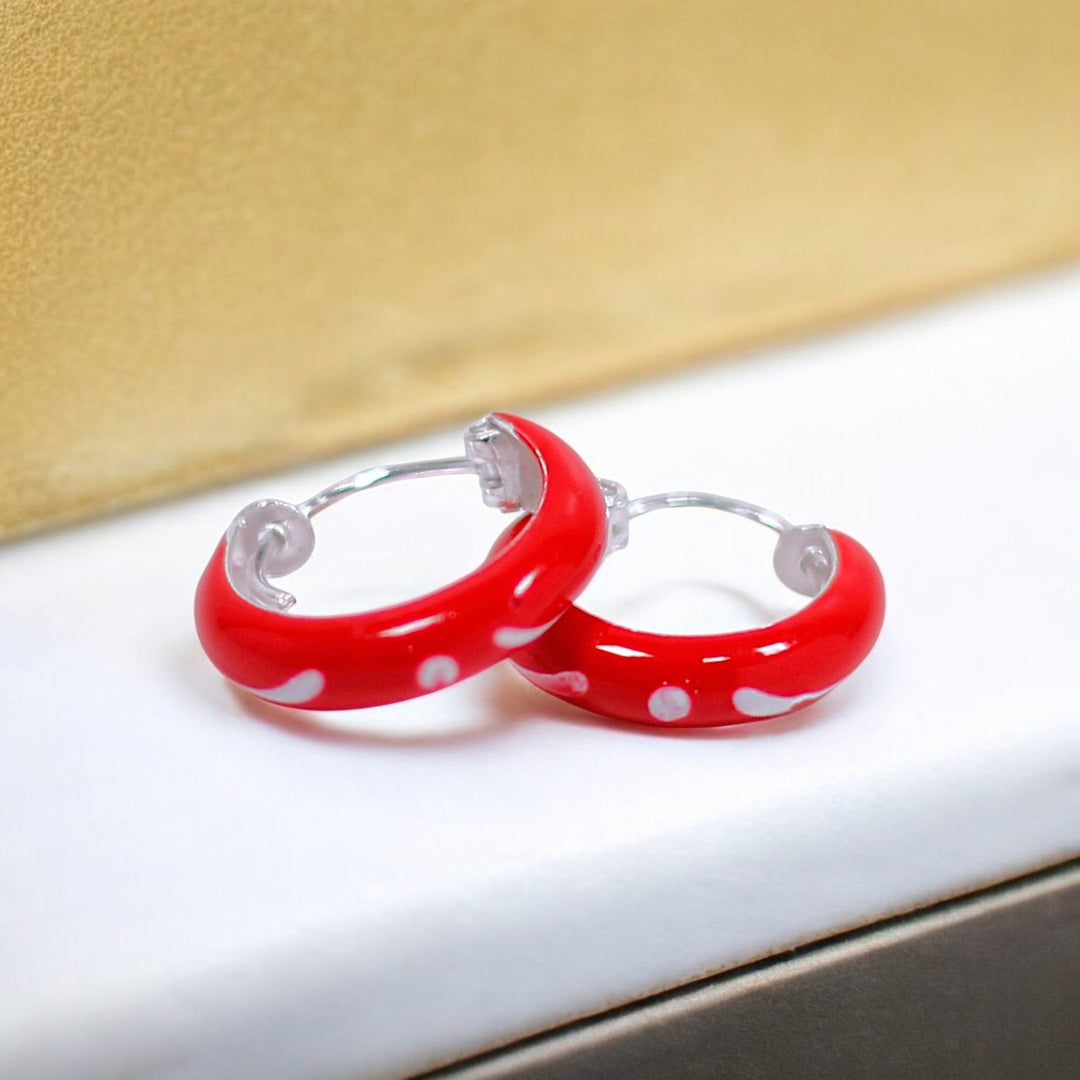 925 Sterling Silver Red Enamel White Design Hoop Earring For Wome/ Girls - Taraash