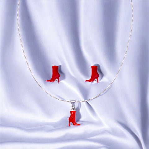 925 Sterling Silver Red Stilettos Enamel Chain Pendant Set With Earrings for Girls - Taraash