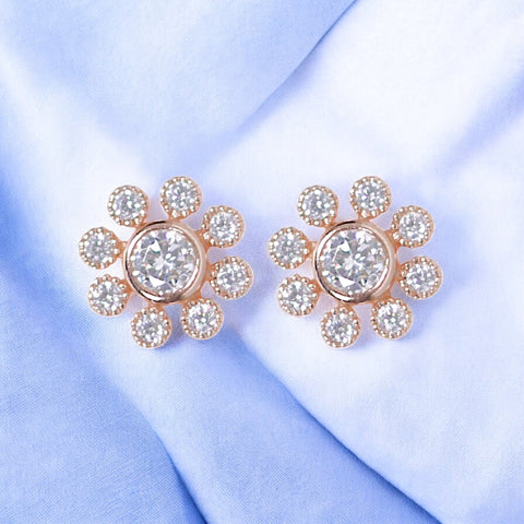 925 Sterling Silver Rose Gold CZ Round Shape Stud Earrings for Women - Taraash