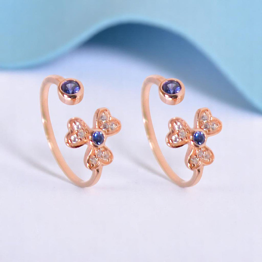 925 Sterling Silver Rose gold Floral With Blue CZ Toe Ring for Women - Taraash