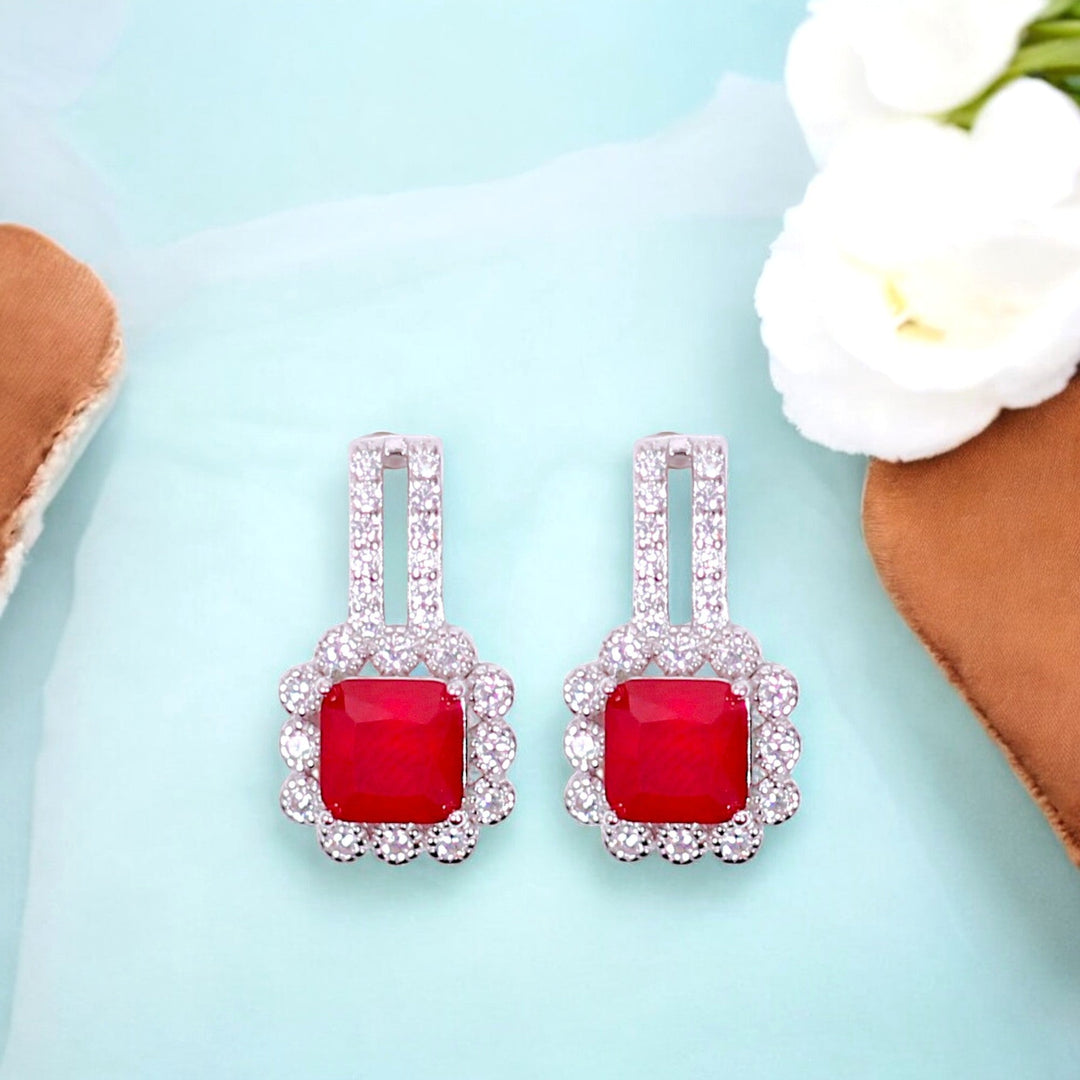 925 Sterling Silver Square Shape Red CZ Earrings for Women - Taraash