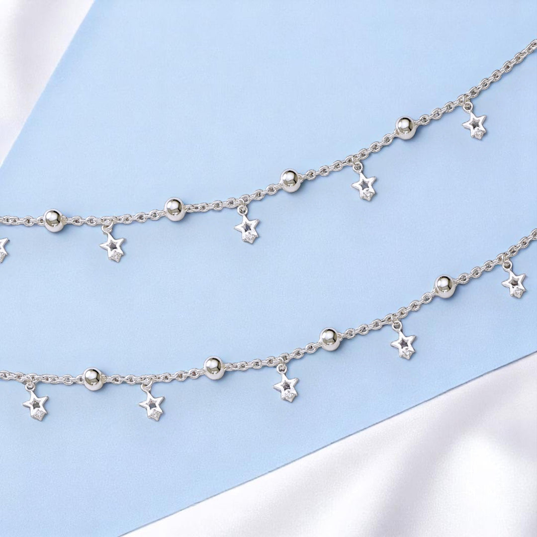 925 Sterling Silver Star Charm Beaded Anklet Gift for Women - Taraash