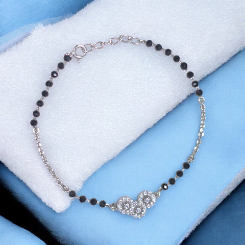 925 Sterling Silver stylish three - stone pendant Mangalsutra Bracelet Black Beads for Woman - Taraash