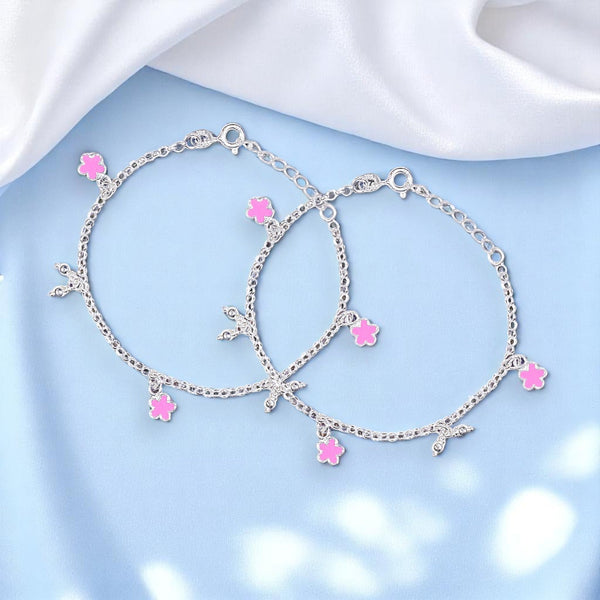 925 Sterling Silver with Pink Flower Charm Anklet For Girls - Taraash