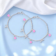 925 Sterling Silver with Pink Flower Charm Anklet For Girls - Taraash
