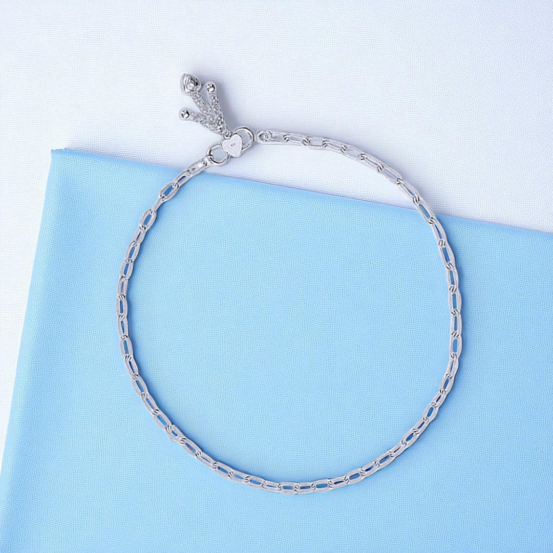 925 Sterling Silver Plain Line with Heart Charm Single Anklet for Women/Girls
