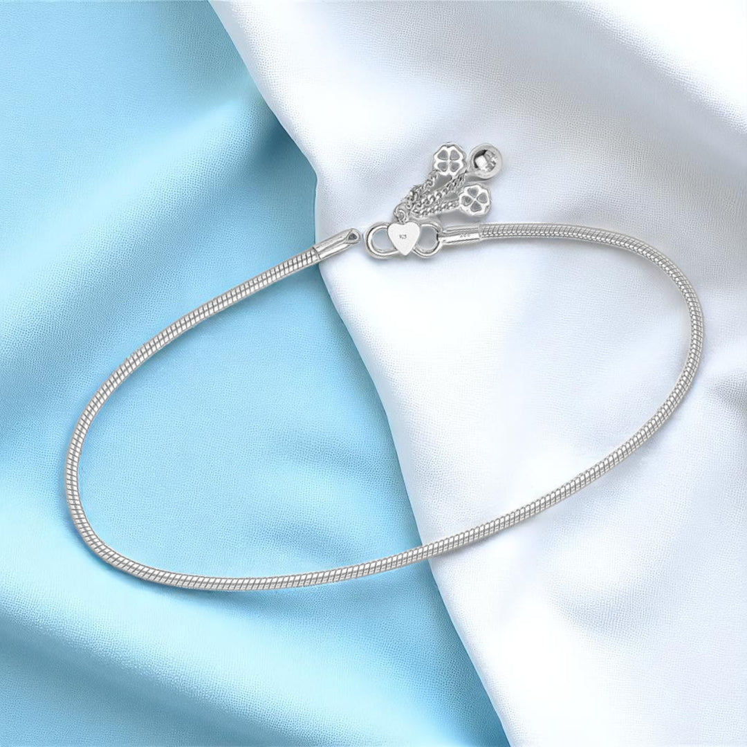 925 Sterling Silver Plain Chain with Floral Charm Single Anklet for Women