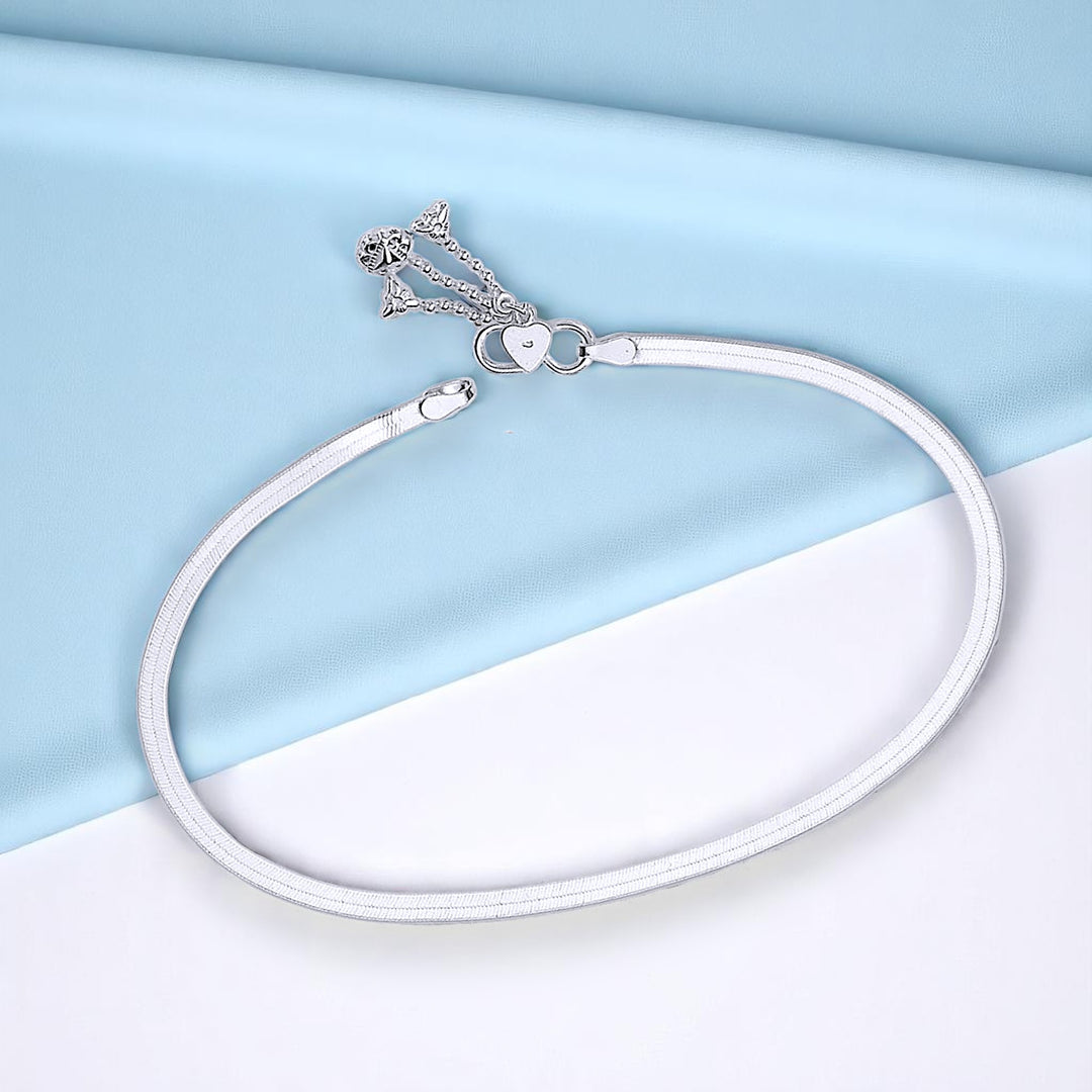 925 Sterling Silver Plain Chain with Charm Single Anklet for Women