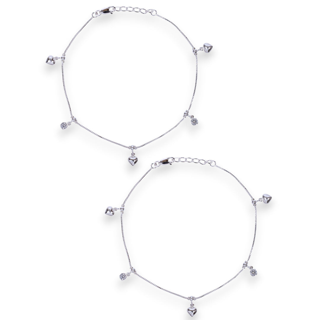 925 Sterling Silver Heart & CZ Charm Chian Anklet For Women