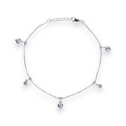 925 Sterling Silver Heart & CZ Charms Single Anklet For Women