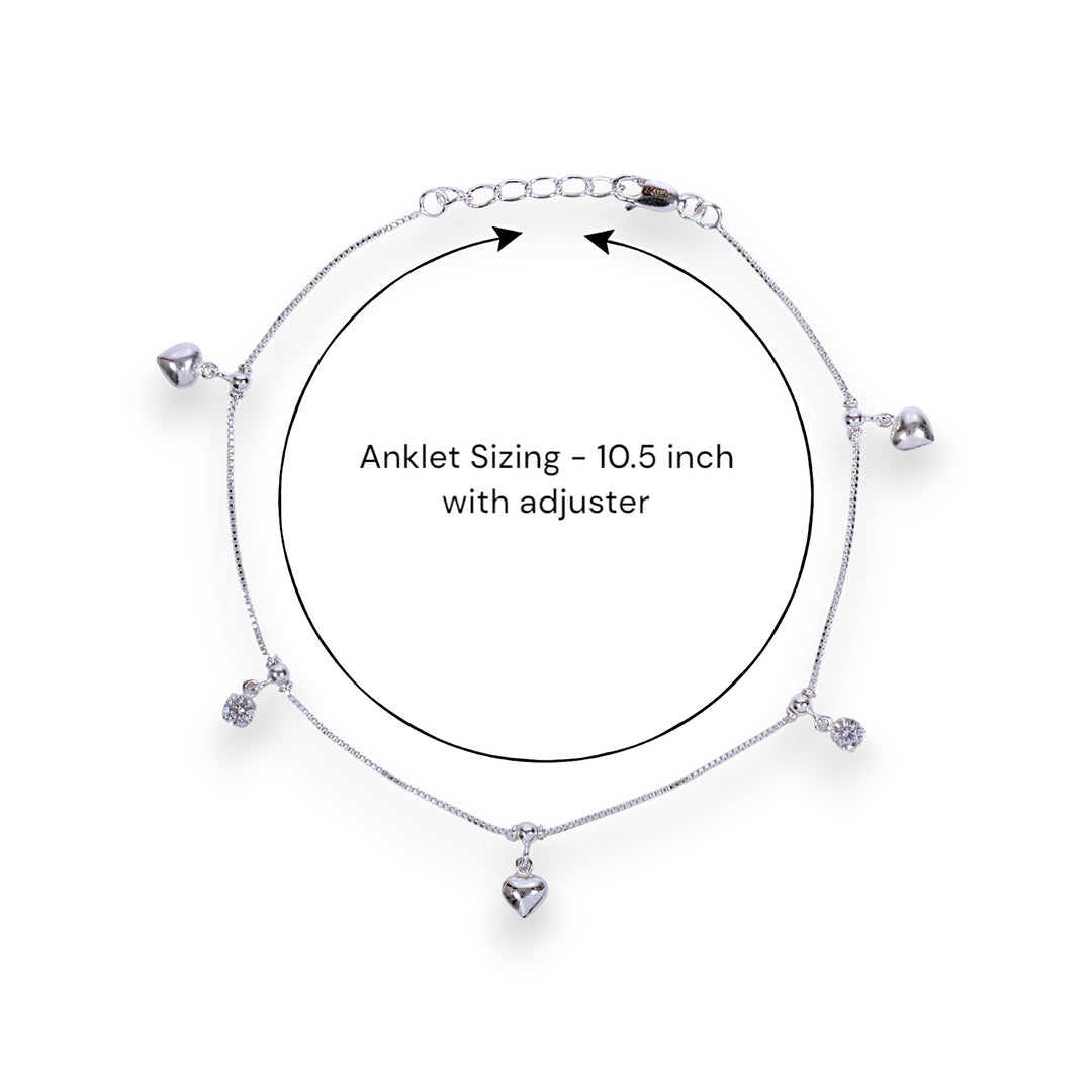 925 Sterling Silver Heart & CZ Charms Single Anklet For Women