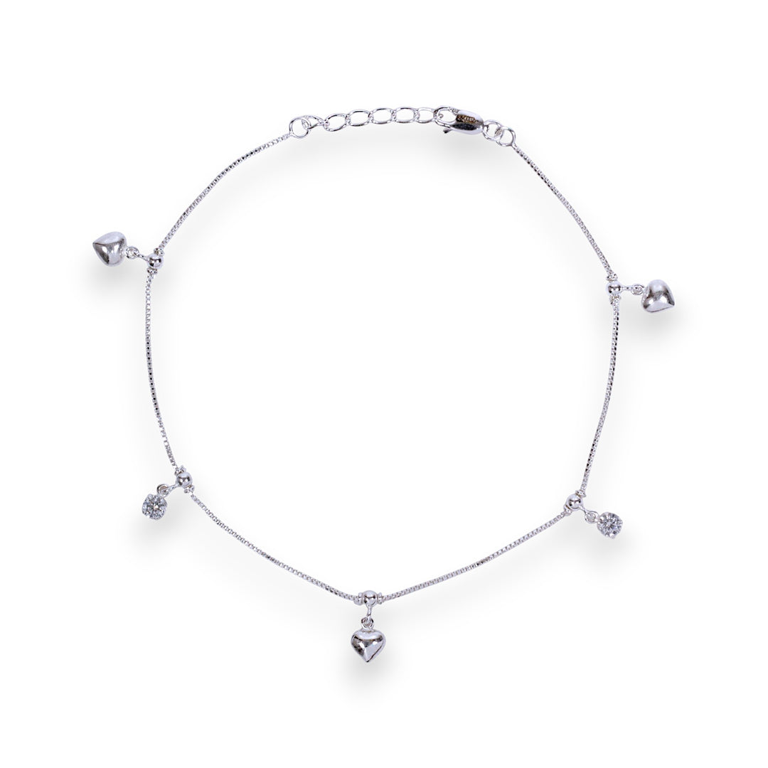 925 Sterling Silver Heart & CZ Charm Chian Anklet For Women