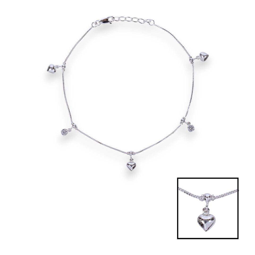 925 Sterling Silver Heart & CZ Charm Chian Anklet For Women