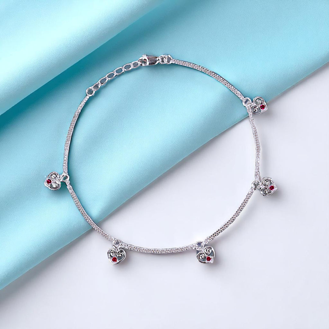 925 Sterling Silver Heart Charm with CZ Stone Single Anklet for Women