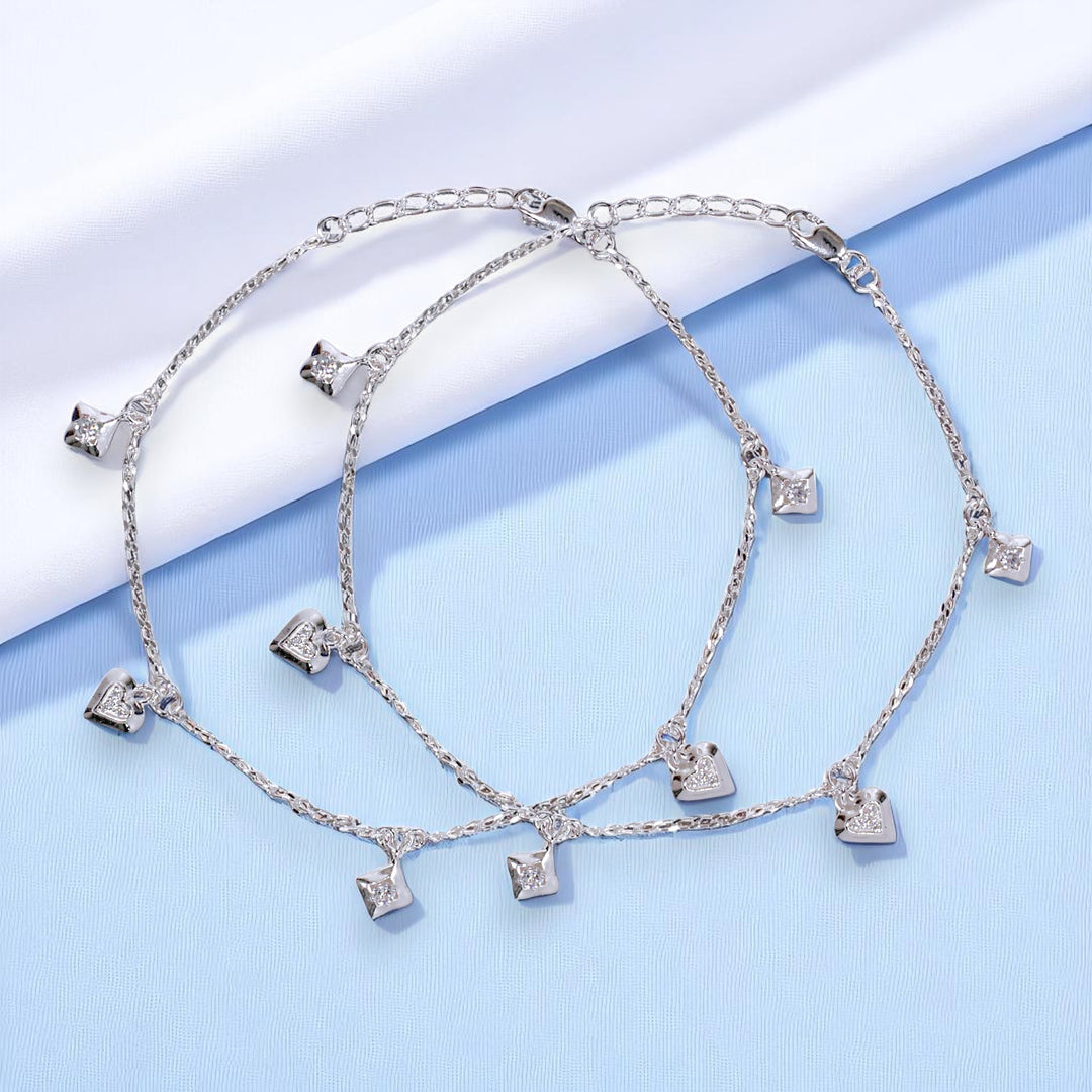 925 Sterling Silver Beaded Heart Star Charm Chain Single Anklet for Women