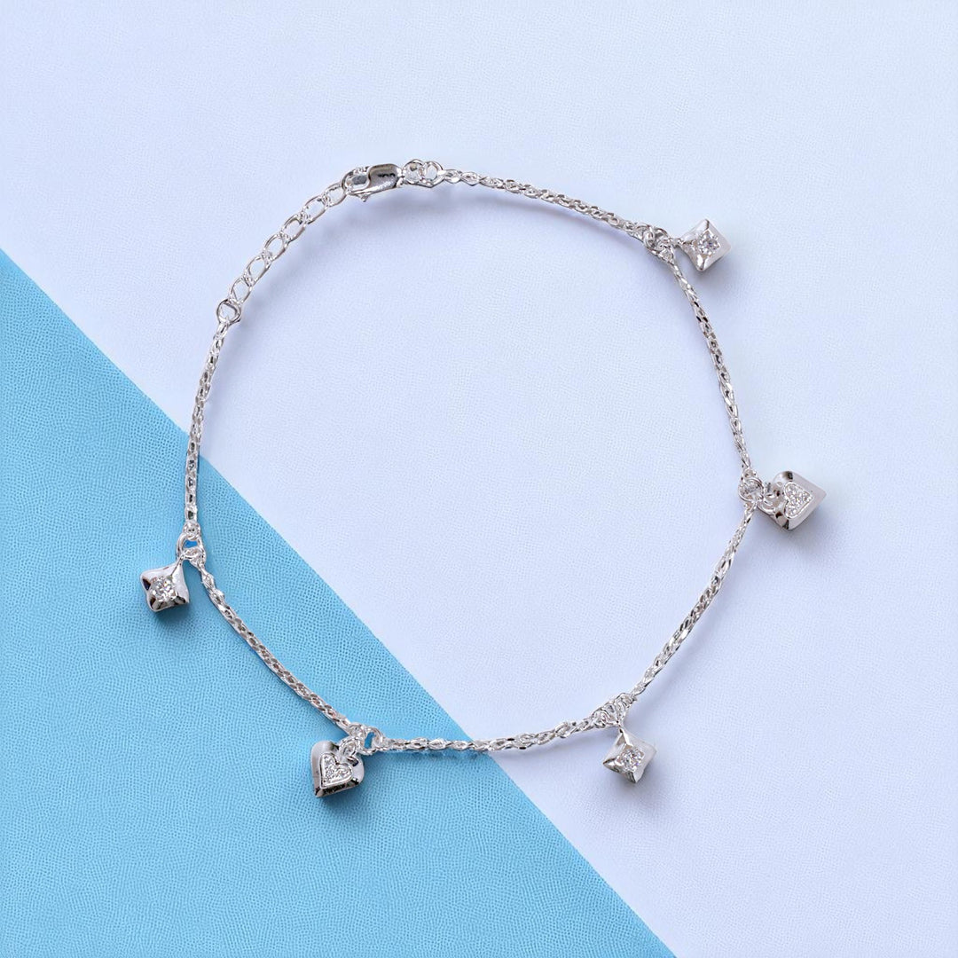 925 Sterling Silver Beaded Heart Star Charm Chain Single Anklet for Women