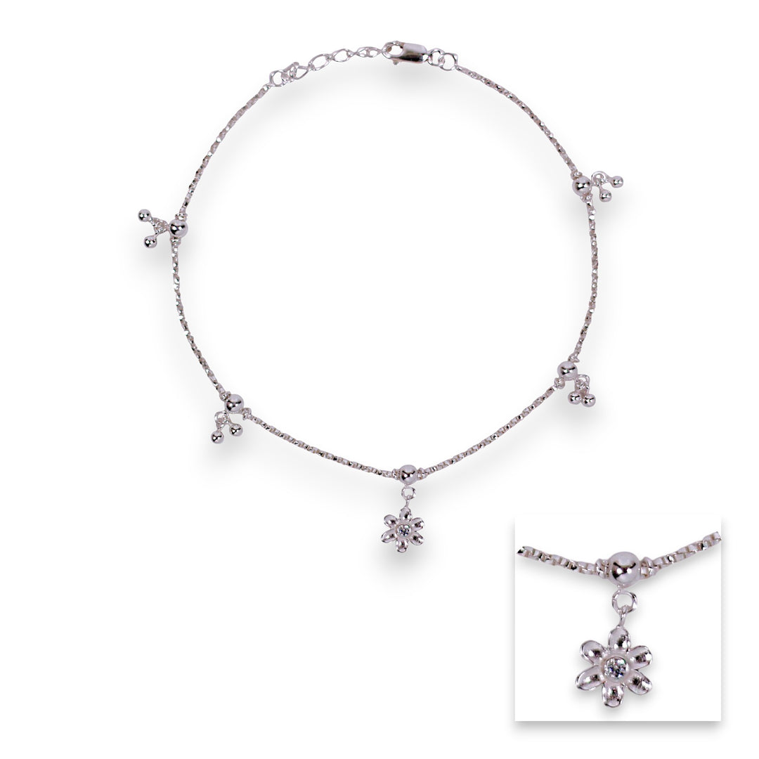 925 Sterling Silver Floral Charm Beaded Anklet for Women