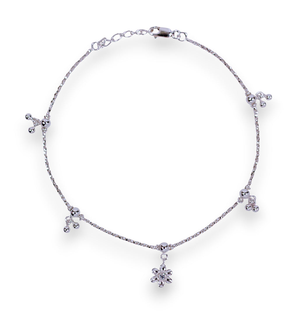 925 Sterling Silver Floral Charm Beaded Anklet for Women