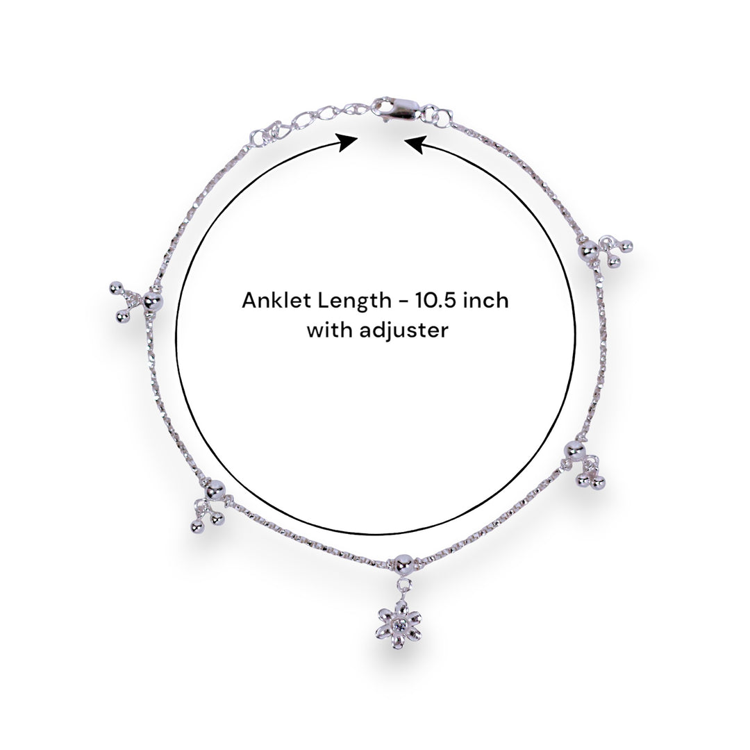 925 Sterling Silver Floral Charm Beaded Anklet for Women