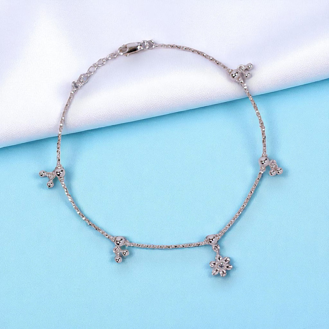 925 Sterling Silver Floral Charm Beaded Single Anklet for Women