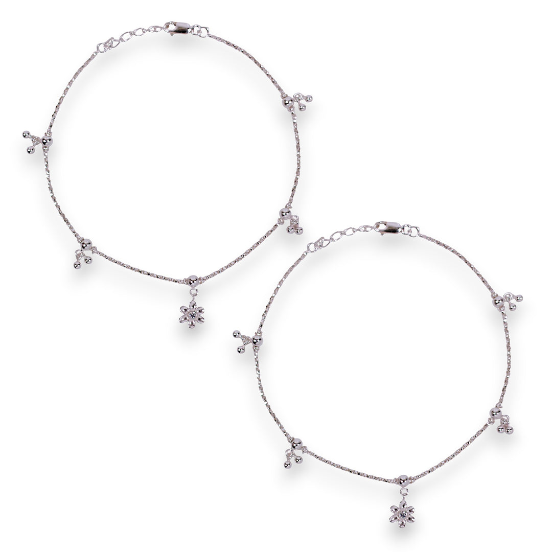 925 Sterling Silver Floral Charm Beaded Anklet for Women