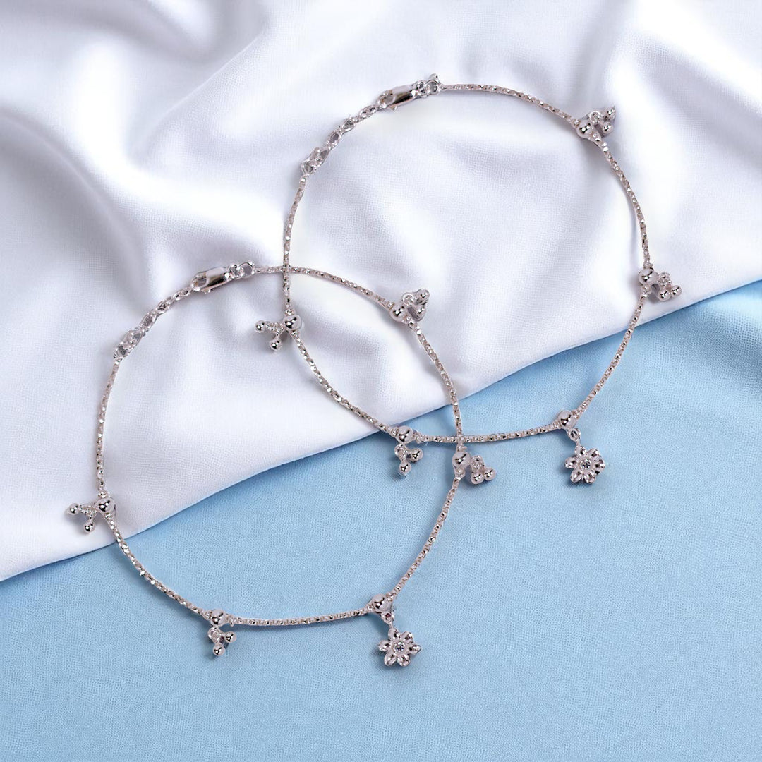 925 Sterling Silver Floral Charm Beaded Anklet for Women