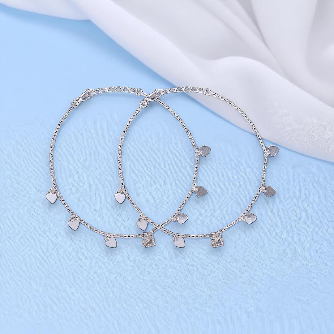 925 Sterling Silver Heart Shape Charms CZ Anklets for Women