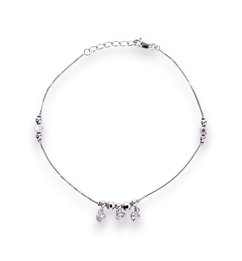 925 Sterling Silver Beaded Heart Charm Chain Anklets for Women