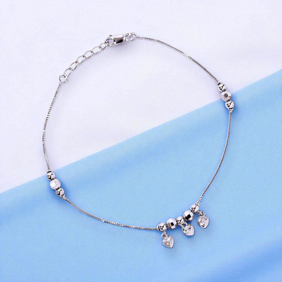 925 Sterling Silver Elegant Beaded Heart Charm Chain Single Anklet for Women
