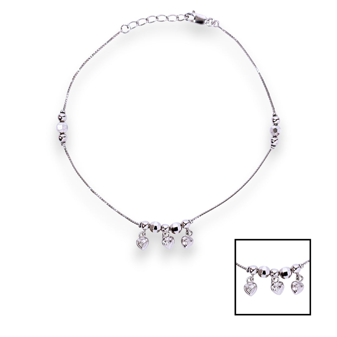 925 Sterling Silver Elegant Beaded Heart Charm Chain Single Anklet for Women