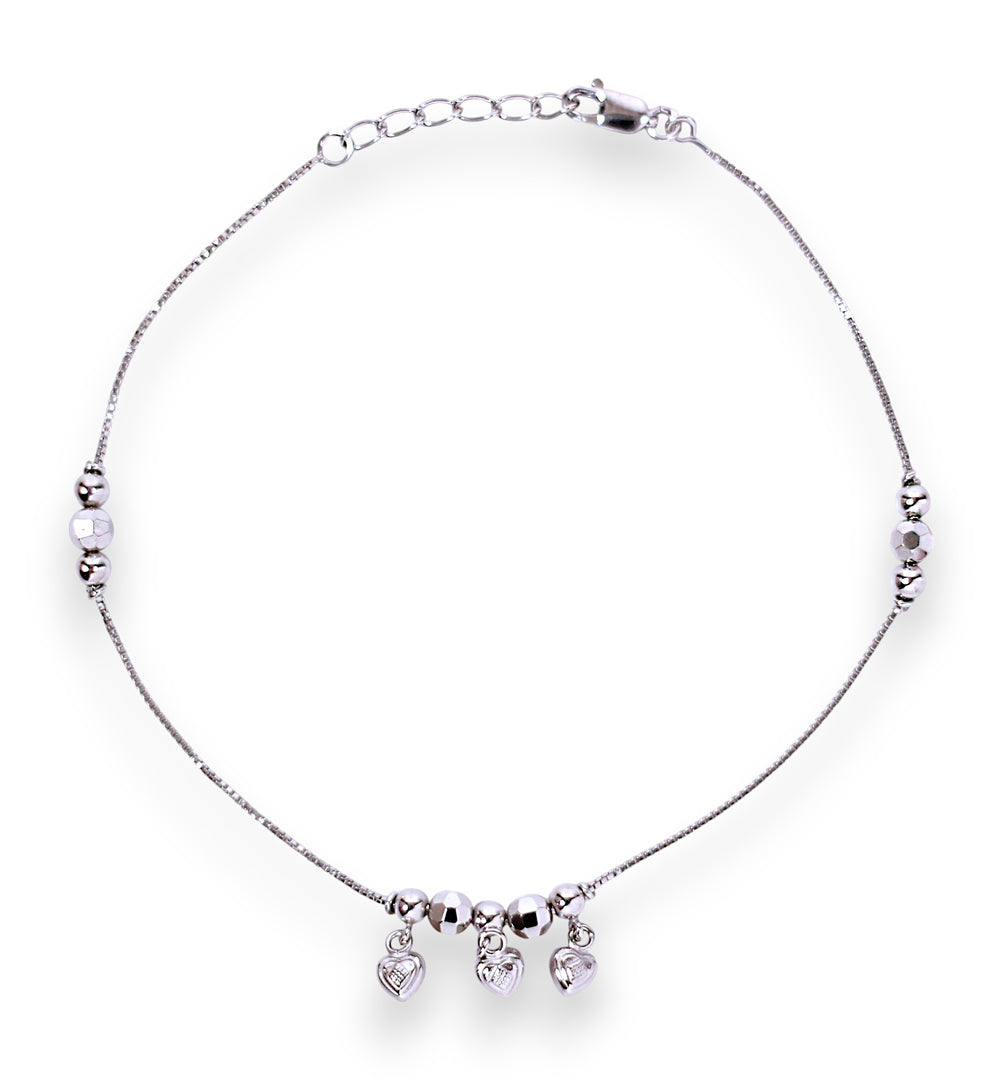 925 Sterling Silver Elegant Beaded Heart Charm Chain Single Anklet for Women