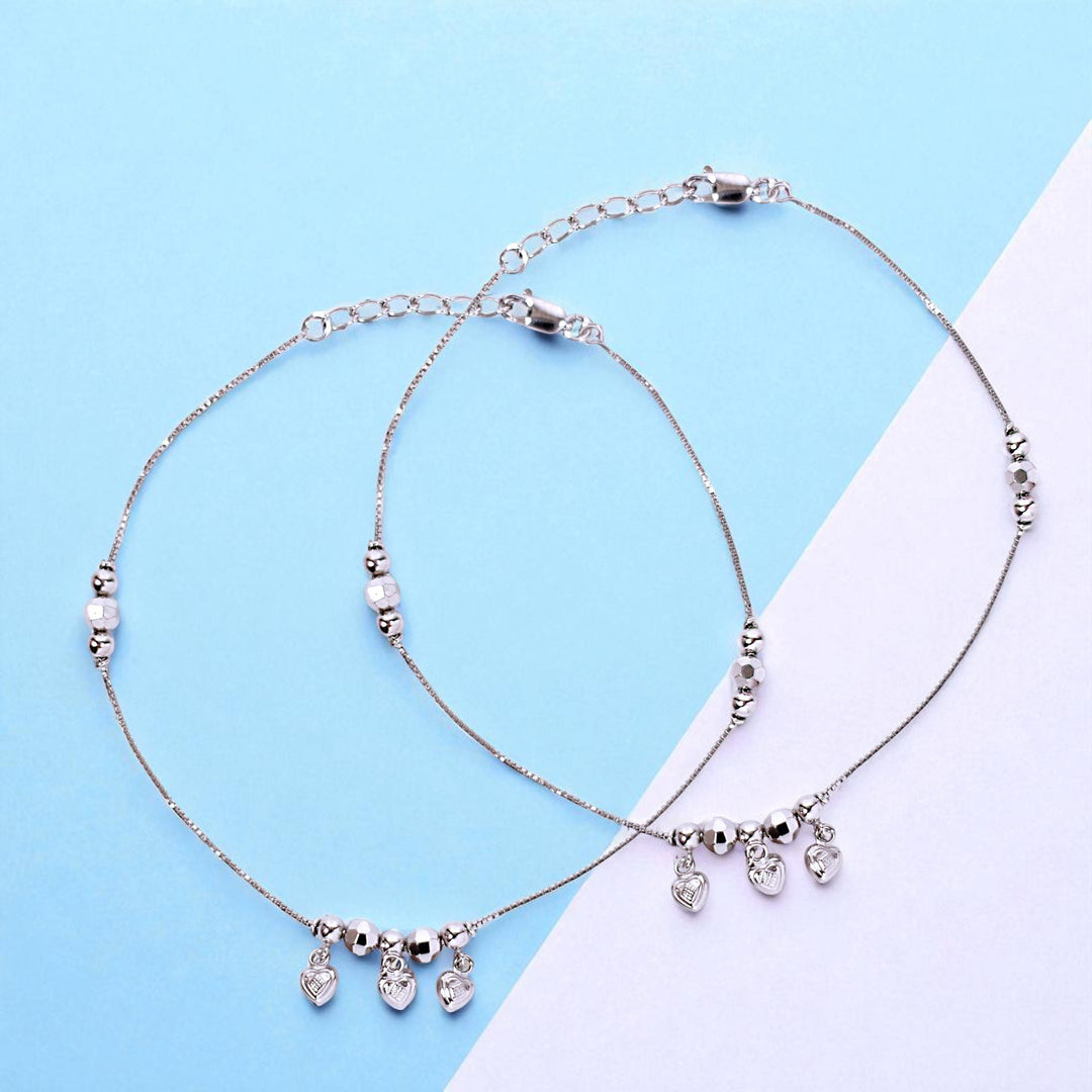 925 Sterling Silver Beaded Heart Charm Chain Anklets for Women