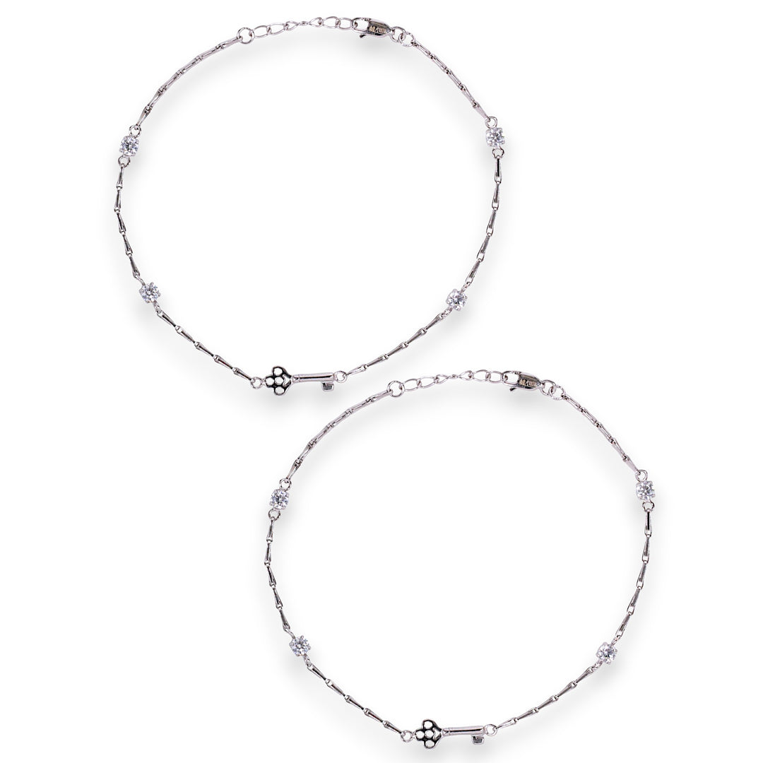 925 Sterling Silver Key-to-Heart CZ Rhodium Anklet For Women