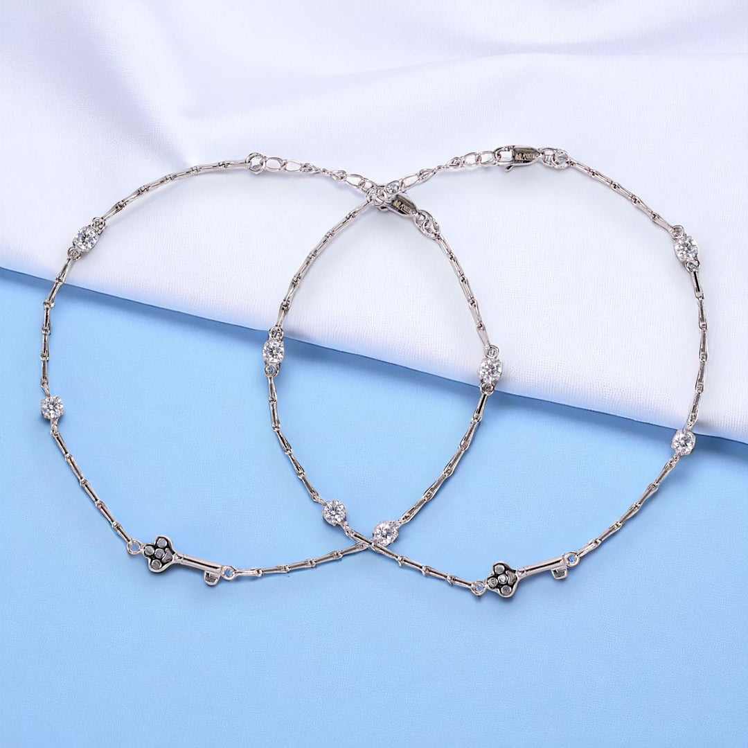 925 Sterling Silver Key-to-Heart CZ Rhodium Anklet For Women