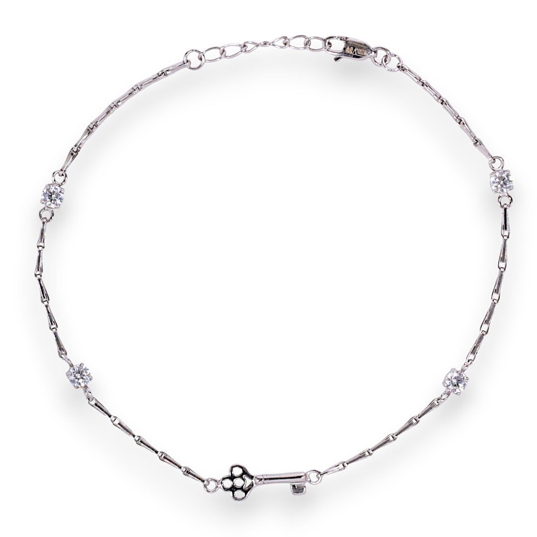 925 Sterling Silver Key-to-Heart CZ Rhodium Anklet For Women