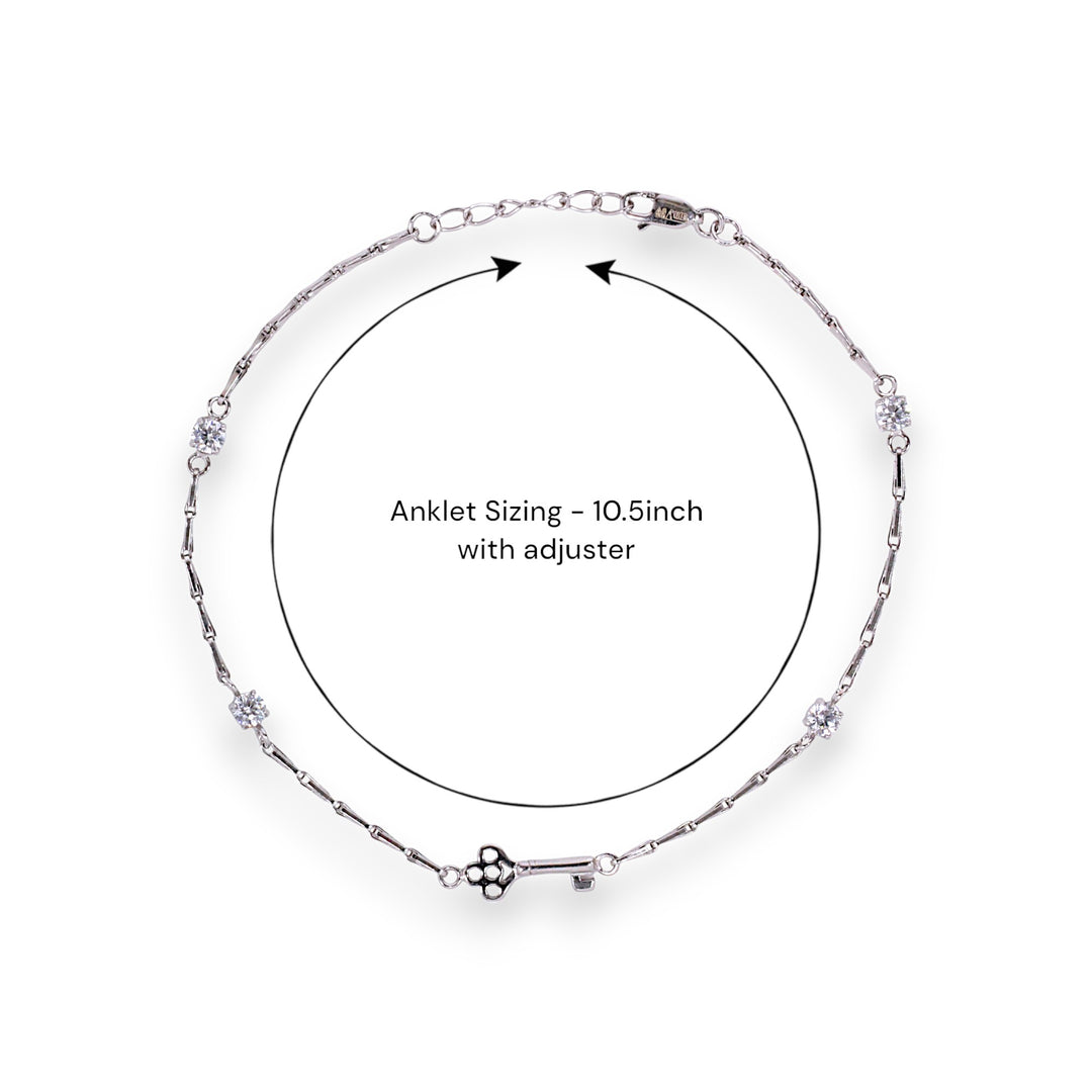 925 Sterling Silver Key-to-Heart CZ Rhodium Anklet For Women