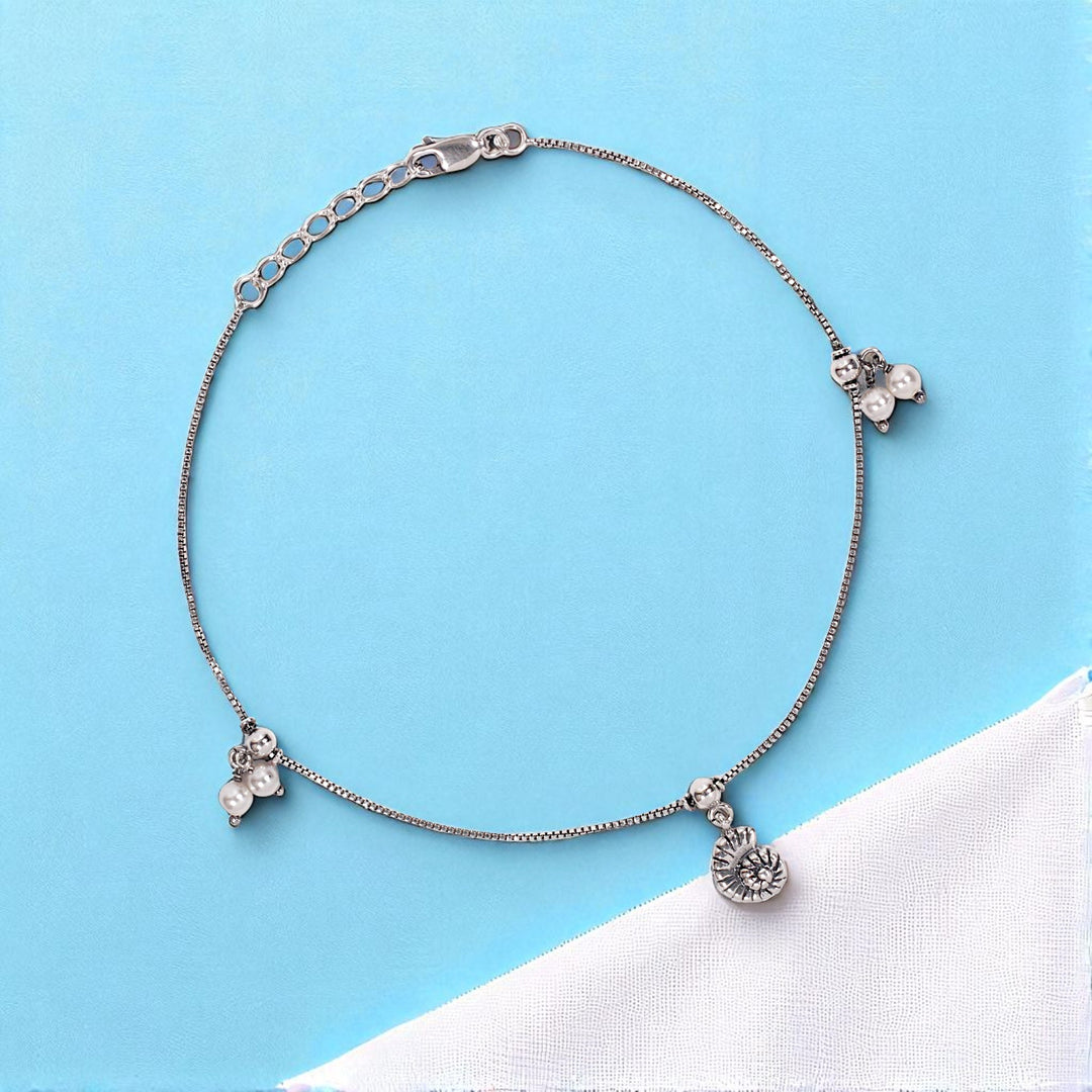 925 Sterling Silver Sea Shell Pearl Charm Antique Finish Single Anklet for Women