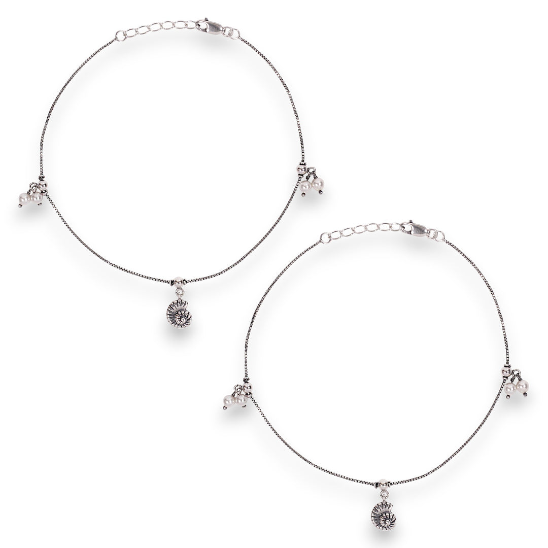 925 Sterling Silver Sea Shell Pearl Charm Antique Finish Anklet for Women
