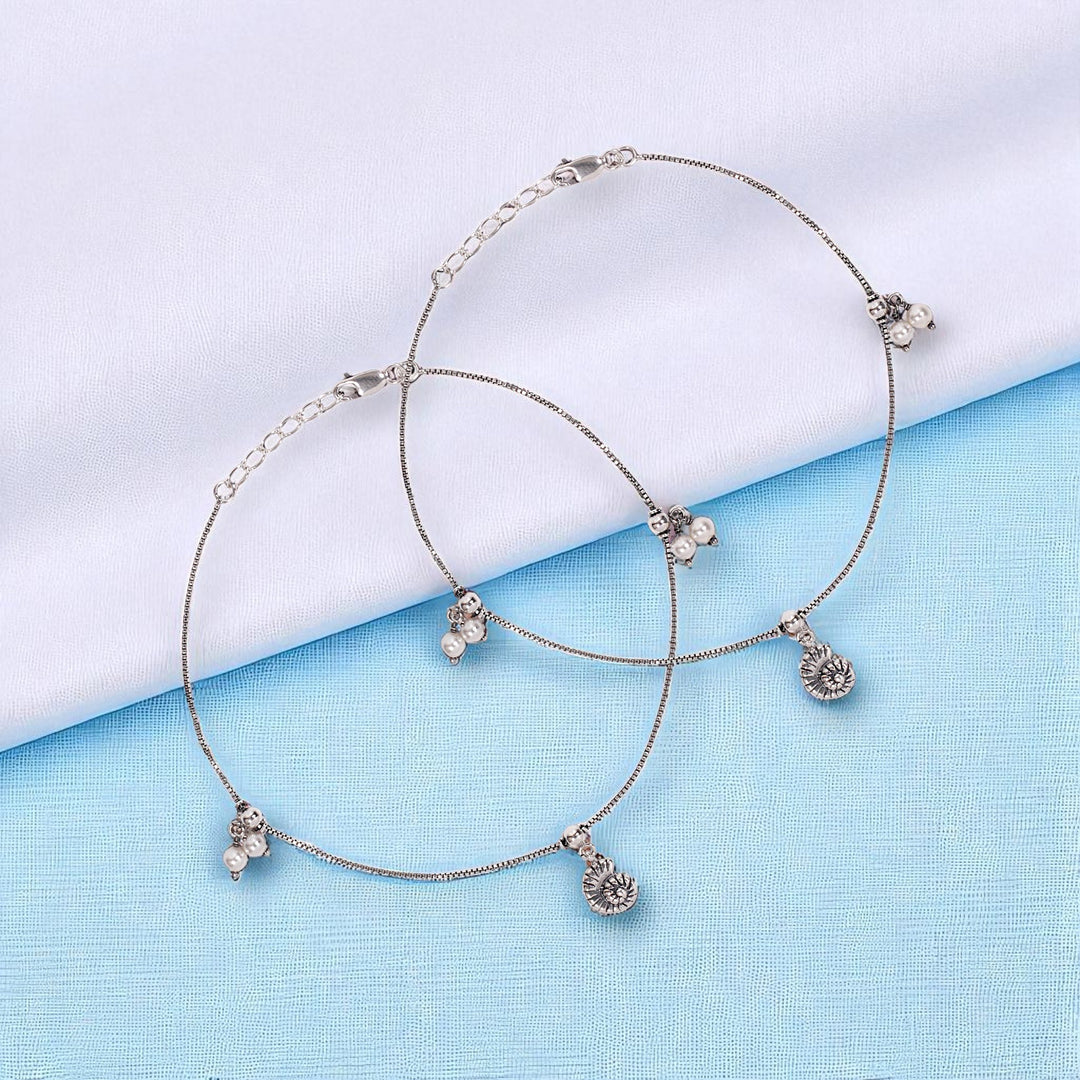 925 Sterling Silver Sea Shell Pearl Charm Antique Finish Anklet for Women