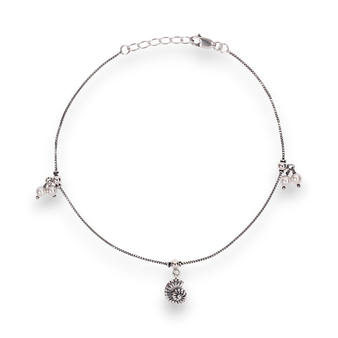 925 Sterling Silver Sea Shell Pearl Charm Antique Finish Anklet for Women